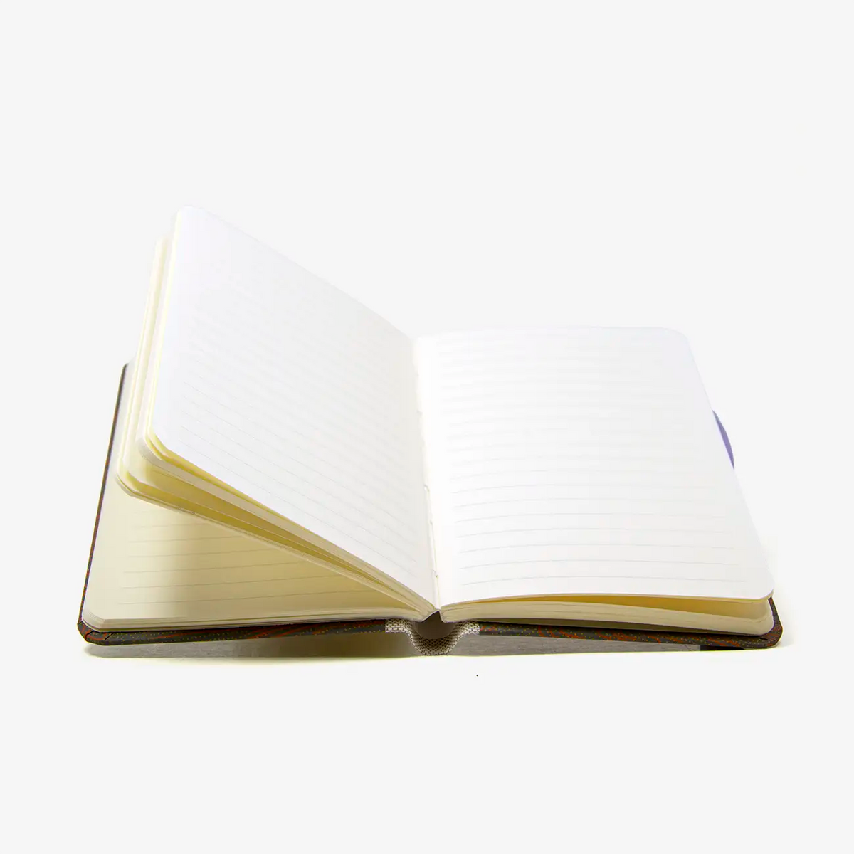 Blaupause-Notizbuch-Format-9x14cm-192Seiten-mit-Chiyogami-bezogen-Motiv-Cover-Flusslandschaft-orange-gelb-aug-dunkelgrau-Buch-aufgeschlagen