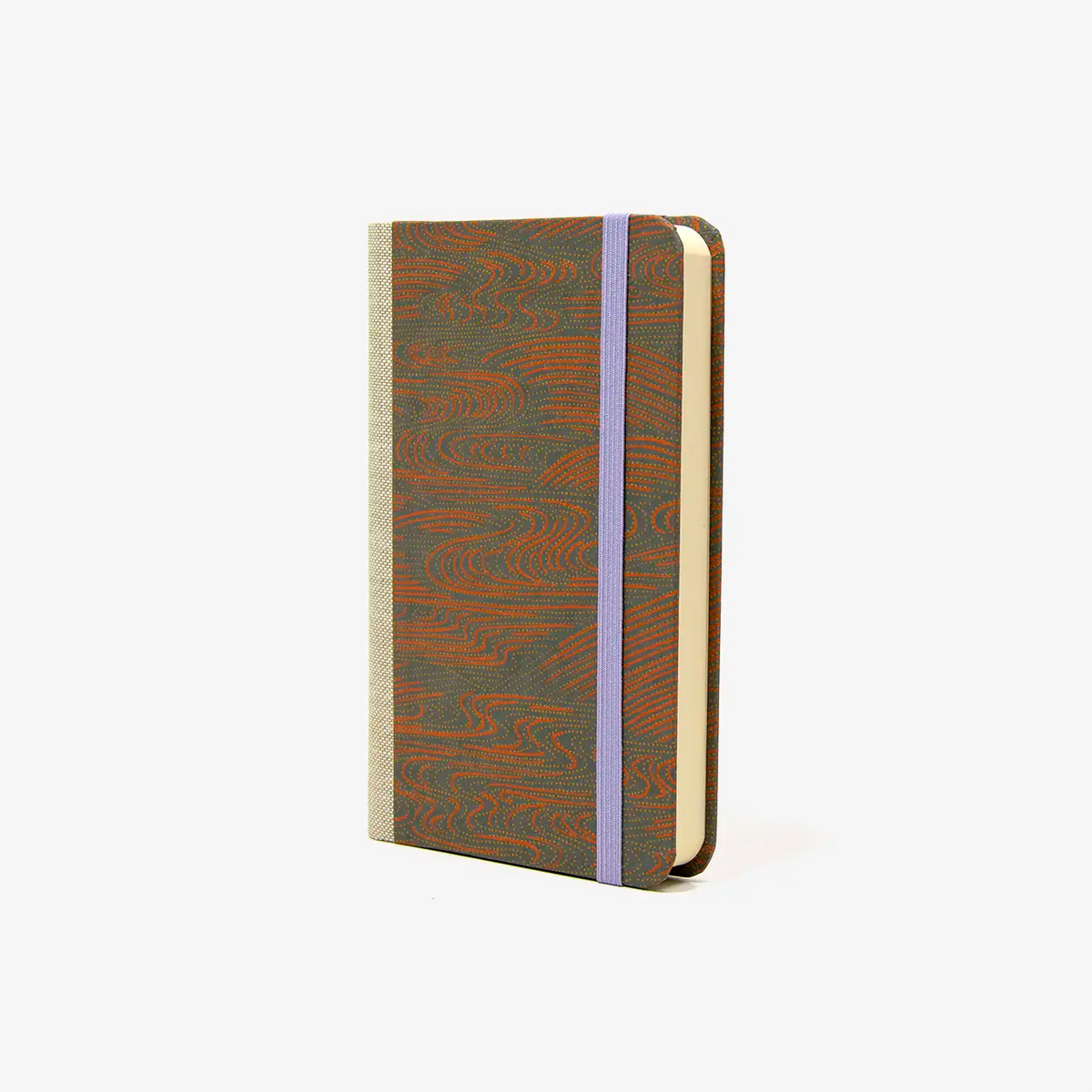 Blaupause-Notizbuch-Format-9x14cm-192Seiten-mit-Chiyogami-bezogen-Motiv-Cover-Flusslandschaft-orange-gelb-aug-dunkelgrau-Buch-seitlich-von-hinten