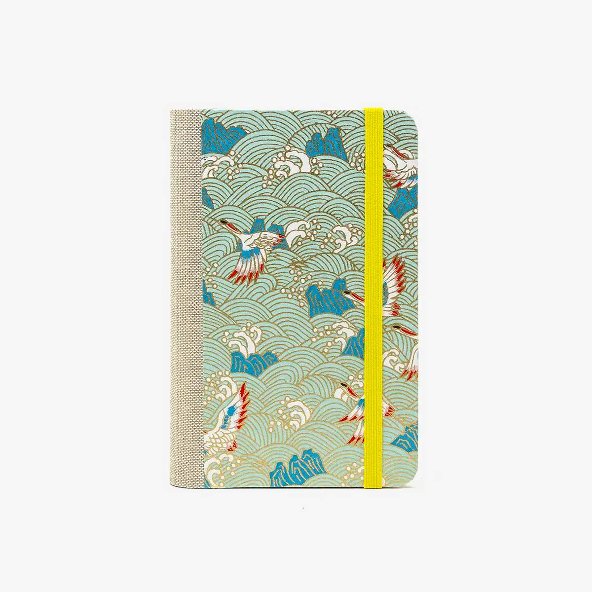 Blaupause-Notizbuch-Format-9x14cm-192Seiten-mit-Chiyogami-bezogen-Motiv-Cover-Kraniche-auf-hellBlau-Buch-von-vorn