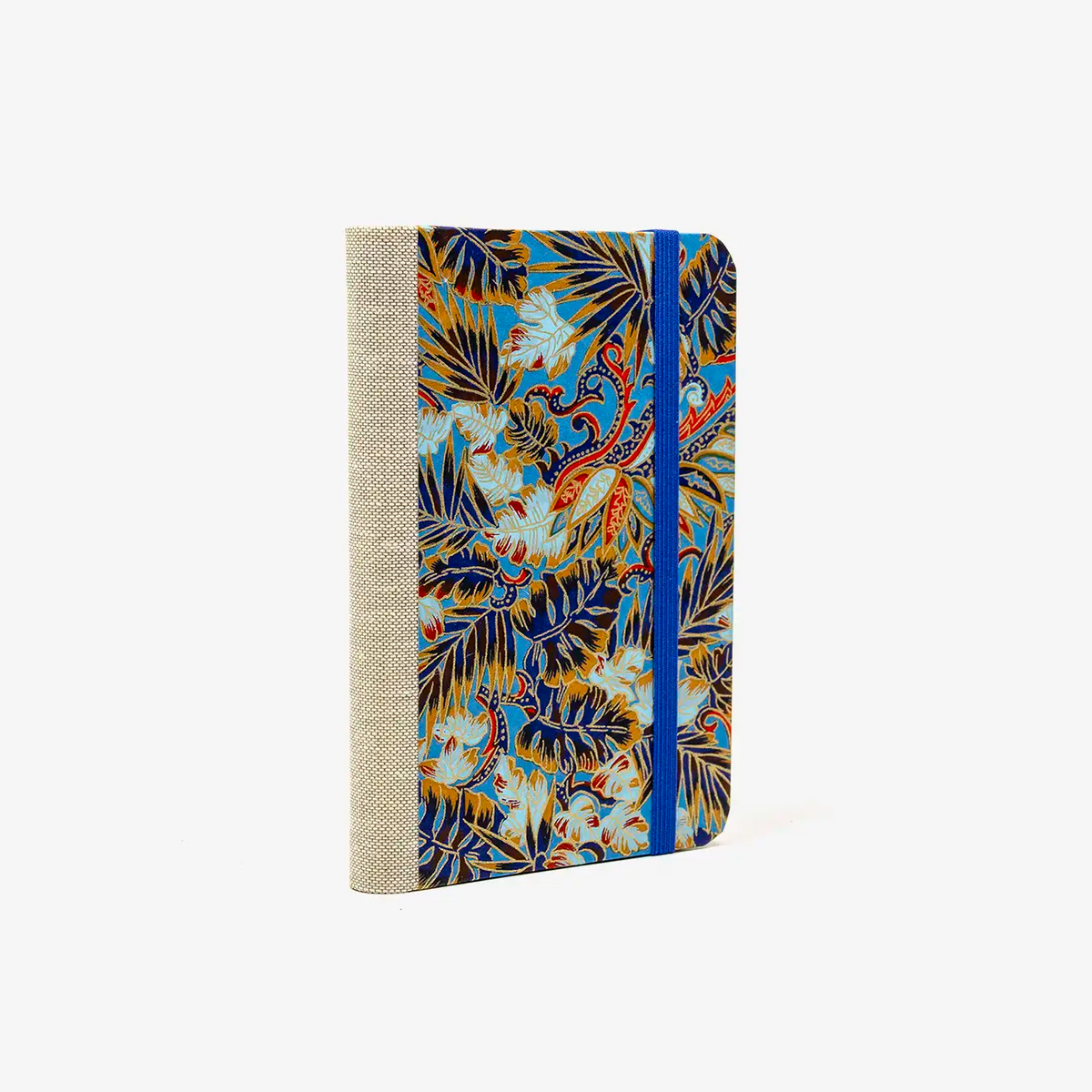 Blaupause-Notizbuch-Format-9x14cm-192Seiten-mit-Chiyogami-bezogen-Motiv-Cover-Monstera-blau-Buch-seitlich-von-hinten