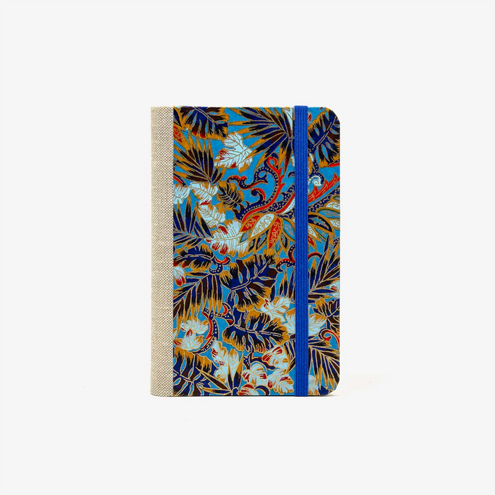 Blaupause-Notizbuch-Format-9x14cm-192Seiten-mit-Chiyogami-bezogen-Motiv-Cover-Monstera-blau-Buch-von-vorn