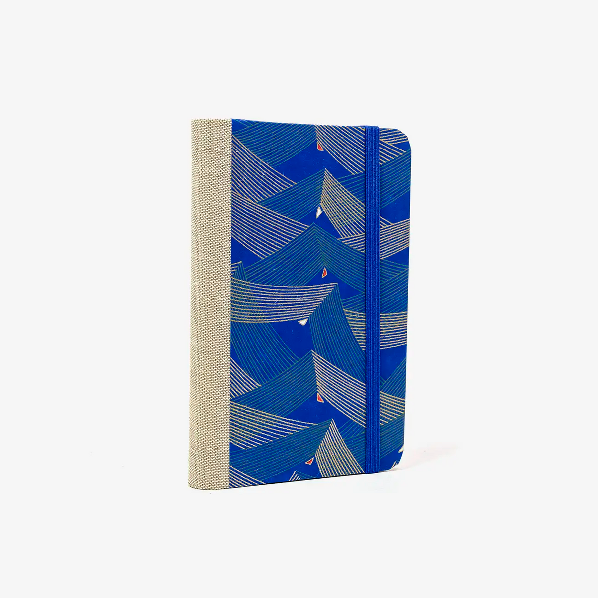 Blaupause-Notizbuch-Format-9x14cm-192Seiten-mit-Chiyogami-bezogen-Motiv-Cover-Saitenspiel-Blau-Buch-seitlich--von-hinten