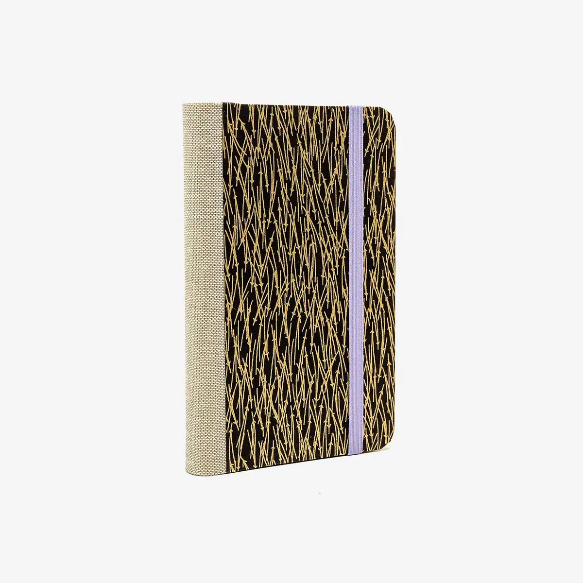 Blaupause-Notizbuch-Format-9x14cm-192Seiten-mit-Chiyogami-bezogen-Motiv-Cover-Schwerter-Gold-auf-schwarz-Buch-seitlich-von-hinten