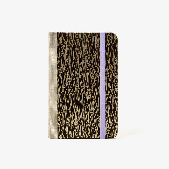 Blaupause-Notizbuch-Format-9x14cm-192Seiten-mit-Chiyogami-bezogen-Motiv-Cover-Schwerter-Gold-auf-schwarz-Buch-von-vorn