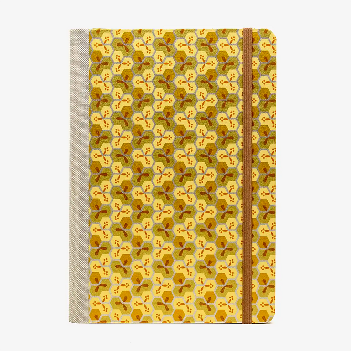 Blaupause-Notizbuch-Format-A5-144Seiten-mit-Chiyogami-bezogen-Motiv-Cover-Bienenwabenmuster-gold-Buch-von-vorn