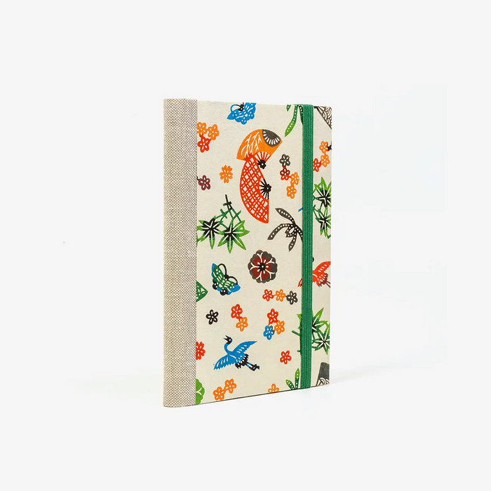Blaupause-Notizbuch-liniert-A6-mit-Katazome-Shi-Papier-Einband-160Seiten-Motiv-Faecher-bunt-auf-naturpapier-cover-von-vorn