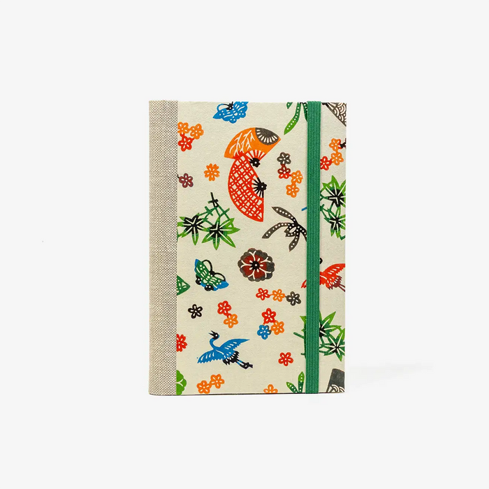 Blaupause-Notizbuch-liniert-A6-mit-Katazome-Shi-Papier-Einband-160Seiten-Motiv-Faecher-bunt-auf-naturpapier-cover-von-vorn