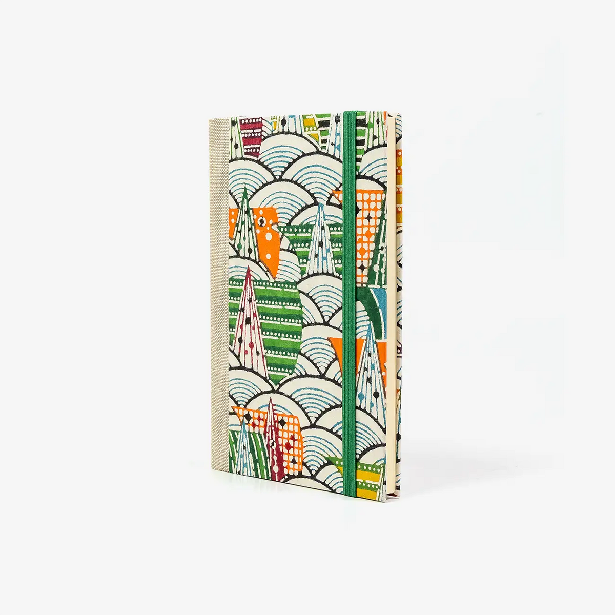 Blaupause-Notizbuch-liniert-A6-mit-Katazome-Shi-Papier-Einband-160Seiten-Motiv-Stadt-bunt--cover-seitlich-von-vorn