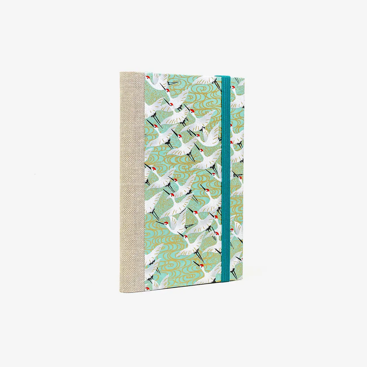 Blaupause-Notizbuch-liniert-A6-mit-chiyogamipapier-Einband-160Seiten-Motiv-kraniche-auf-mint-cover-seitlich-von-hinten