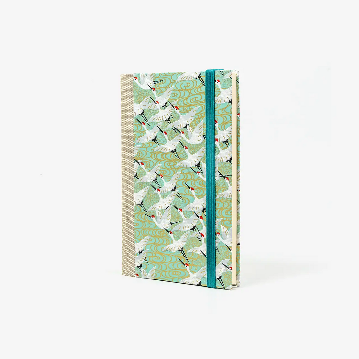 Blaupause-Notizbuch-liniert-A6-mit-chiyogamipapier-Einband-160Seiten-Motiv-kraniche-auf-mint-cover-seitlich-von-vorn