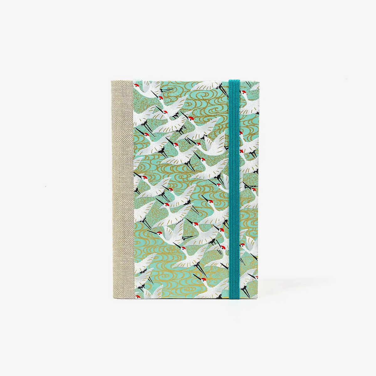 Blaupause-Notizbuch-liniert-A6-mit-chiyogamipapier-Einband-160Seiten-Motiv-kraniche-auf-mint-cover-von-vorn