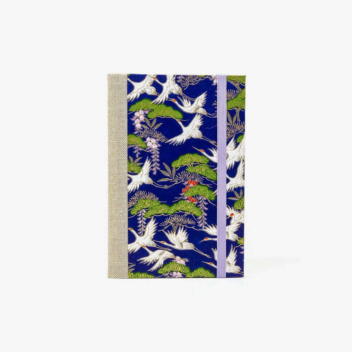 Blaupause-Notizbuch-liniert-A6-mit-chiyogamipapier-Einband-160Seiten-Motiv-kraniche-auf-purple-cover-von-vorn