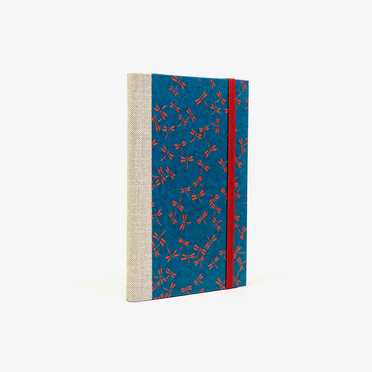 Blaupause-Notizbuch-liniert-A6-mit-lackpapier-Einband-160Seiten-Motiv-dragonfly-red-on-blue-cover-seitlich-von-hinten