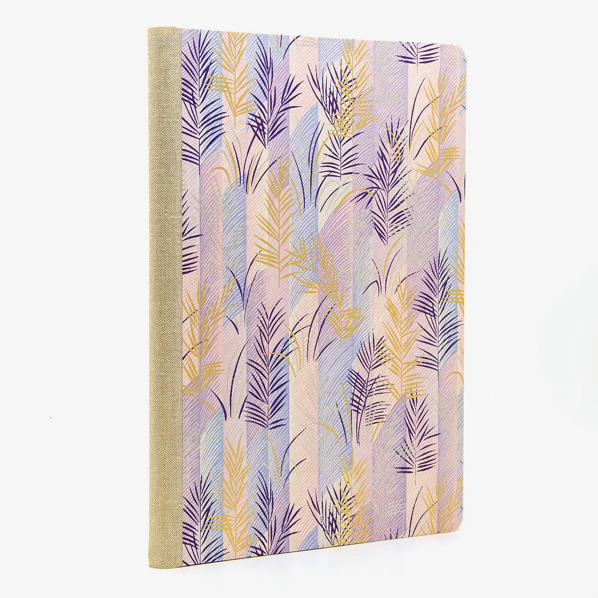 Blaupause-Skizzenbuch-A4-blanko-192-Seiten-bezogen-mitChiyogami-Palmenblaetter-purple-cover-seitlich-von-hinten