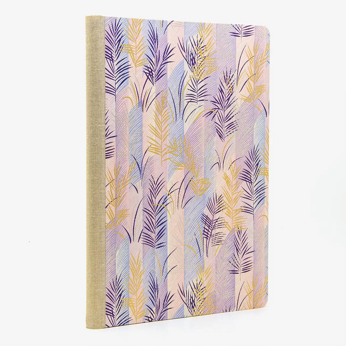 Blaupause-Skizzenbuch-A4-blanko-192-Seiten-bezogen-mitChiyogami-Palmenblaetter-purple-cover-seitlich-von-hinten