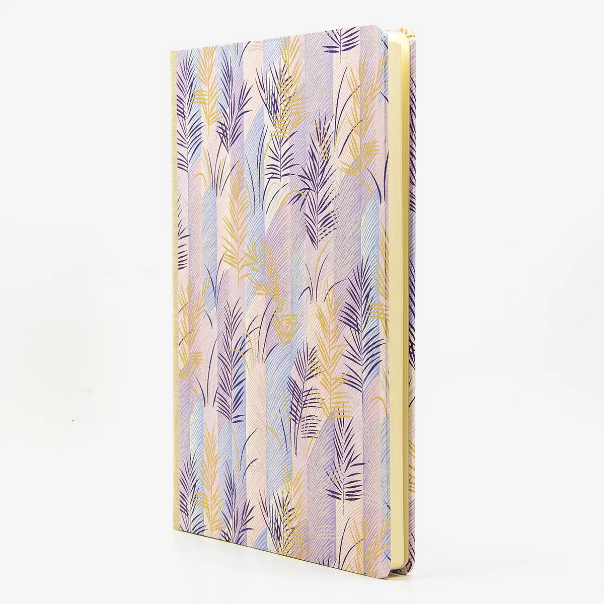 Blaupause-Skizzenbuch-A4-blanko-192-Seiten-bezogen-mitChiyogami-Palmenblaetter-purple-cover-seitlich-von-vorn