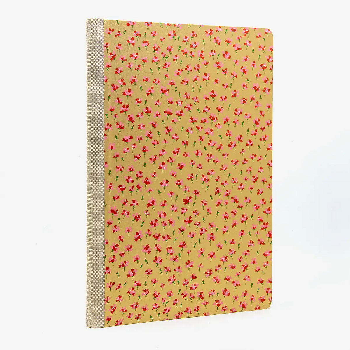 Blaupause-Skizzenbuch-A4-blanko-192-Seiten-bezogen-mitChiyogami-rote-kleine-Blumen-auf-gold-cover-seitlich-von-hinten