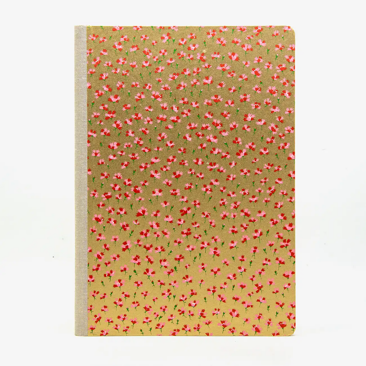 Blaupause-Skizzenbuch-A4-blanko-192-Seiten-bezogen-mitChiyogami-rote-kleine-Blumen-auf-gold-cover-von-vorn