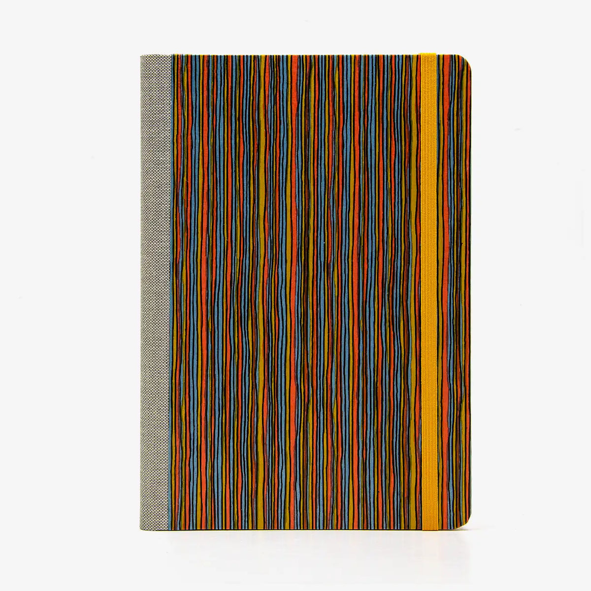 Blaupause-Skizzenbuch-A5-Blanko-192-leere-Seiten-bezogen-mit-Chiyogami-Motiv-Streifen-gelb-orange-blau-Produktansicht-Cover-vorn