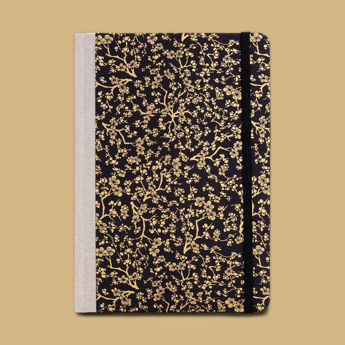 Skizzenbuch / A5 / blanko / Cherry blossom branch in gold on black