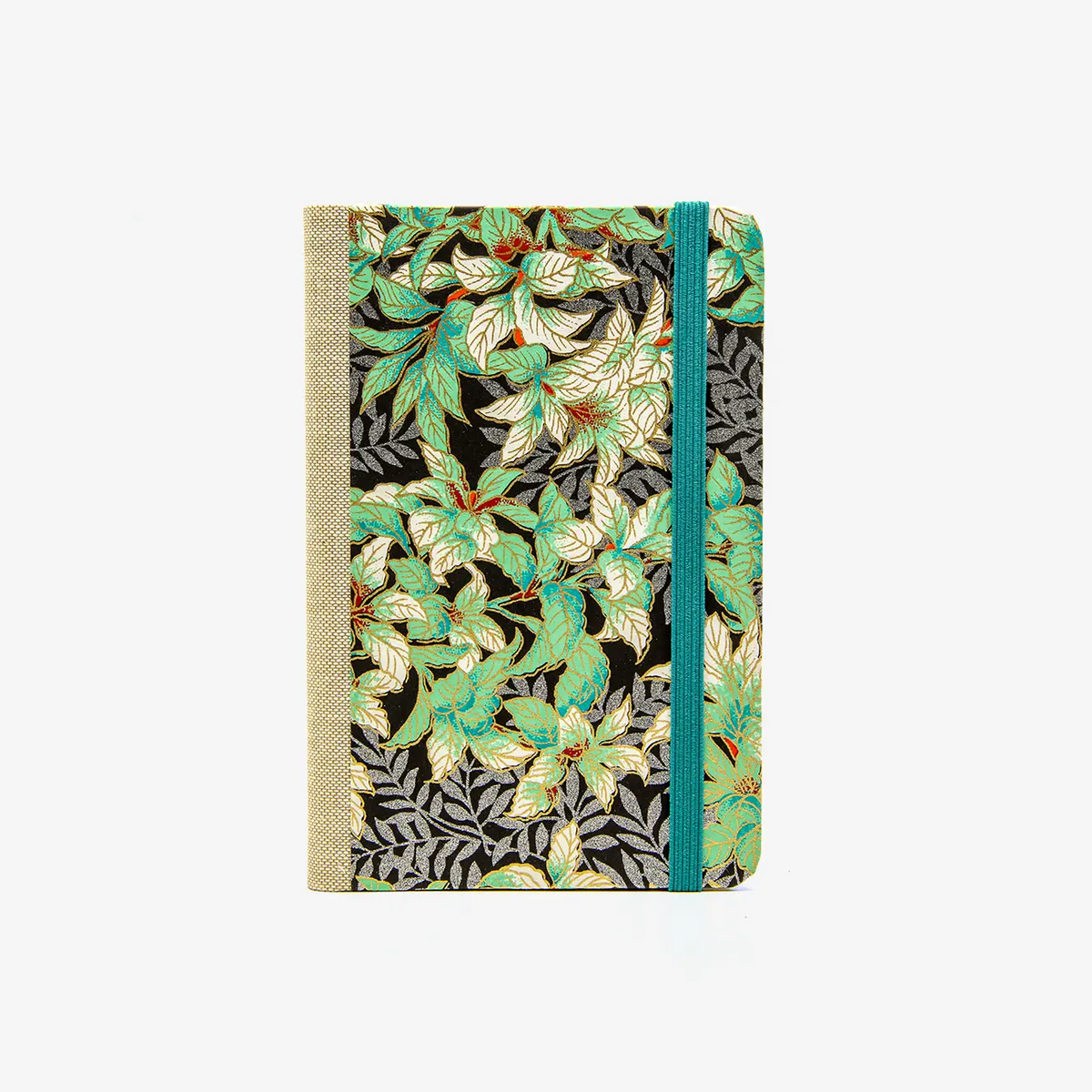 Blaupause-Skizzenbuch-A6-blanko-160-Seiten-bezogen-mit-Chiyogami-Motiv-Blaetter-gruen-silber-auf-schwarz-cover-von-vorn