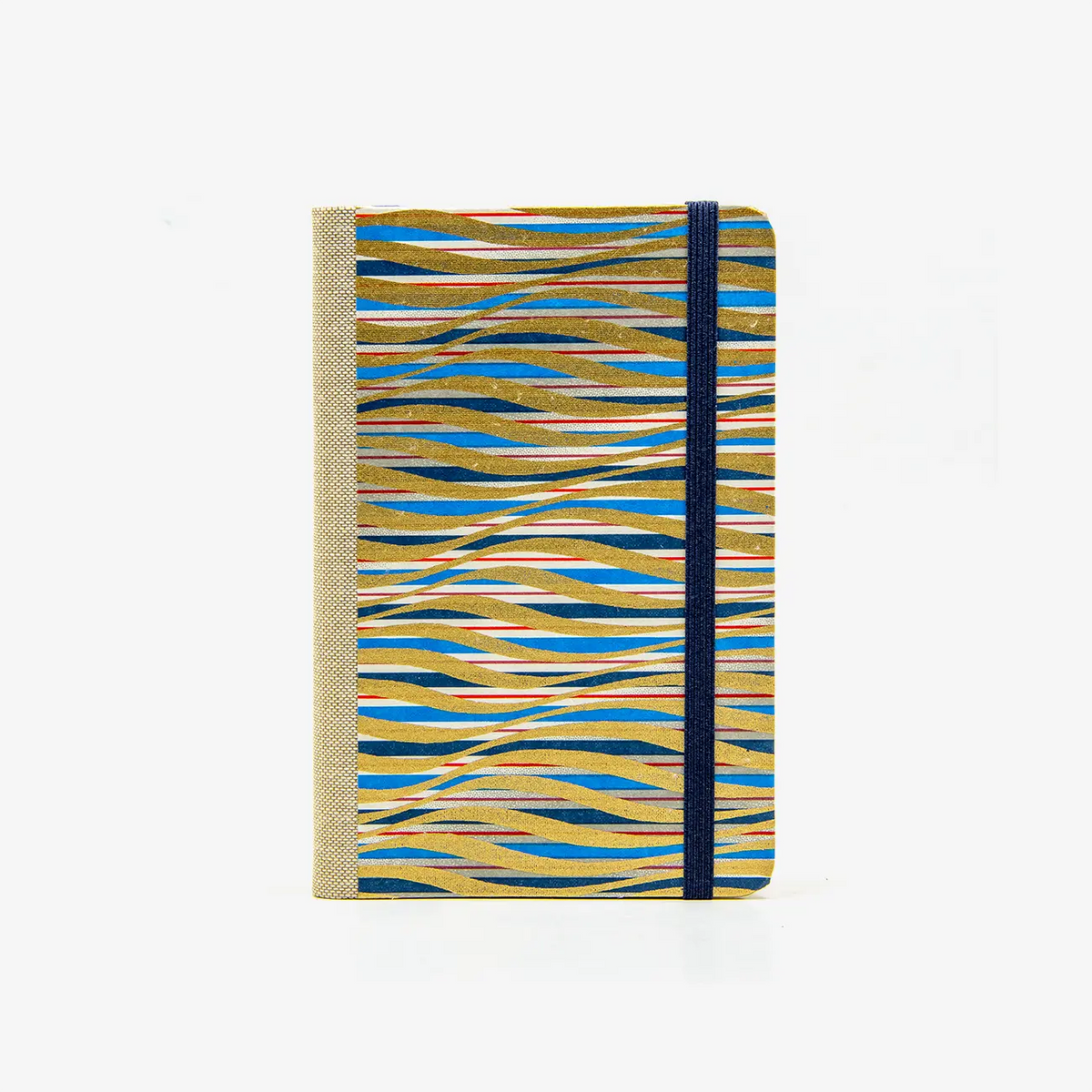 Blaupause-Skizzenbuch-A6-blanko-160-Seiten-bezogen-mit-Chiyogami-Motiv-blau-gold-rot-gewellte-Streifen-cover-von-vorn