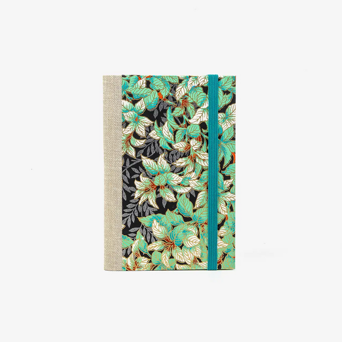 Blaupause-Skizzenbuch-A6-mit-chiyogamipapier-Einband-160Seiten-Motiv-Busch-gruen-silber-auf-schwarz-Cover-von-vorn