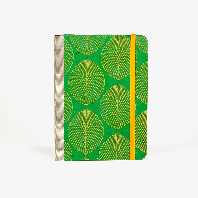 Blaupause-Wochenplaner-12x16_5cm-mit-Lokta-Blaetter-gold-auf-gruen-Produktansicht-von-vorn-1