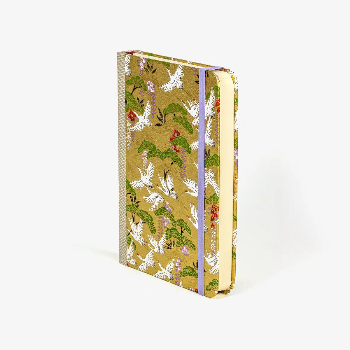Blaupause-tagesplaner-B12xH16.5cm-bezogen-mit-Chiyogami-weisse-kraniche-auf-gold-Produktansicht-seitlich-von-vorn2