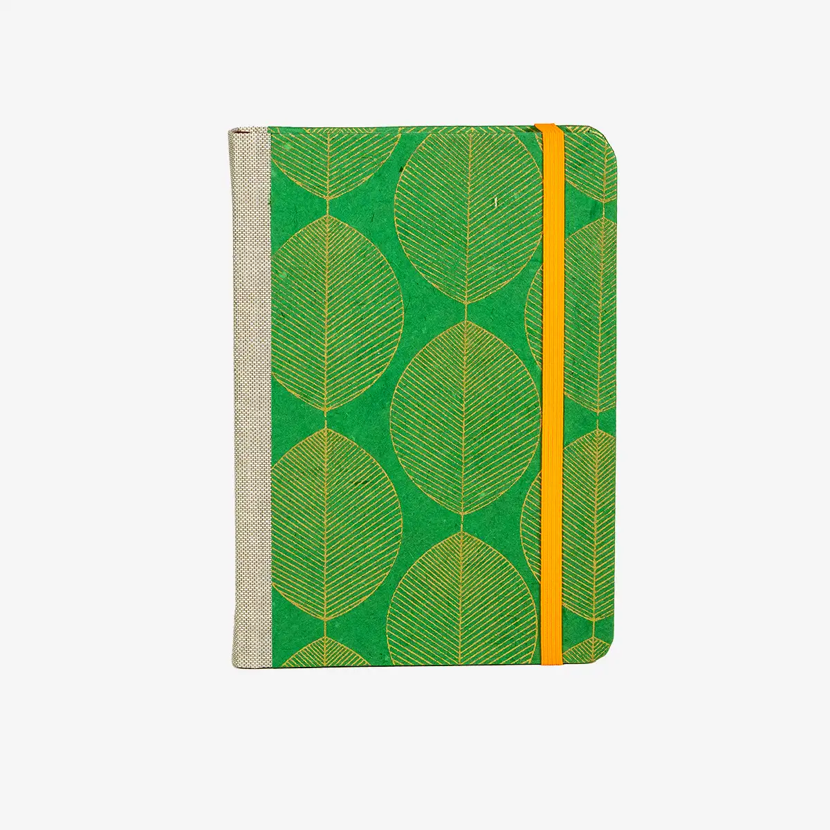 Blaupause-tagesplaner-B12xH16.5cm-bezogen-mit-Lokta-Papier-goldenes-Blatt-auf-gruen-Produktansicht-von-vorn-1