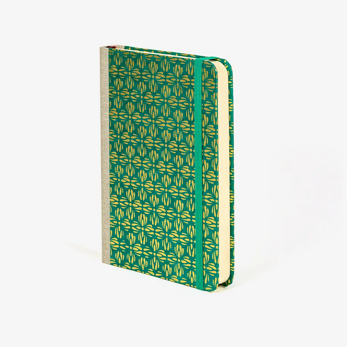 Blaupause-tagesplaner-B12xH16.5cm-bezogen-mit-Lokta-Papier-goldenes-Bluetenornament-auf-gruen-Produktansicht-seitlich-von-vorn-2