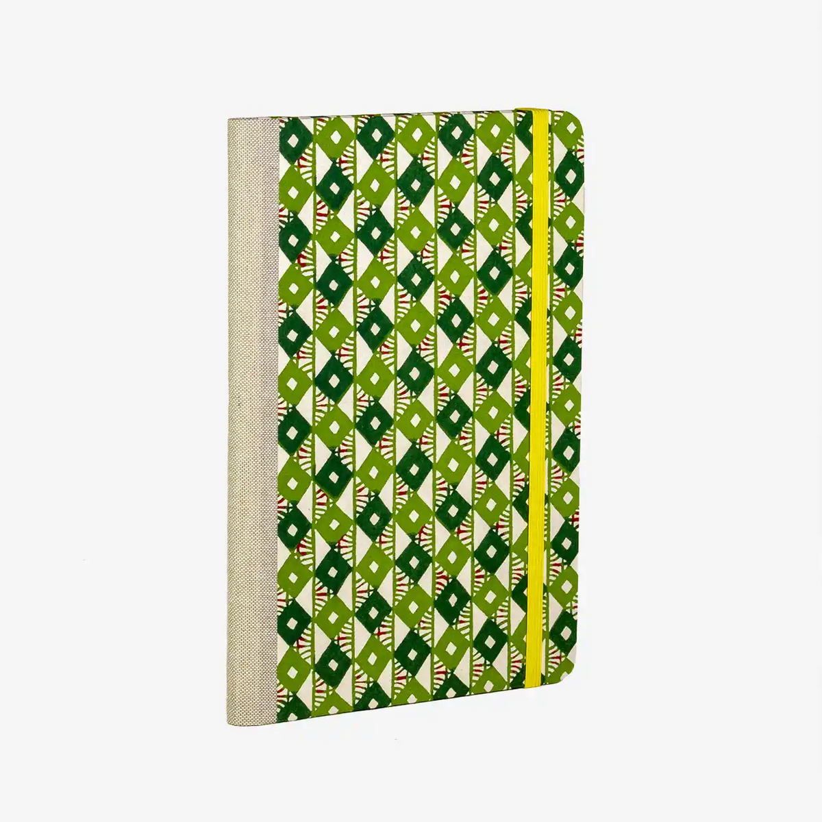 Blaupause-wochenplaner-A5-Bezogen-mit-Katazome-shi-gruenes-rauten-muster-Cover-Produktansicht-seitlich-vorn