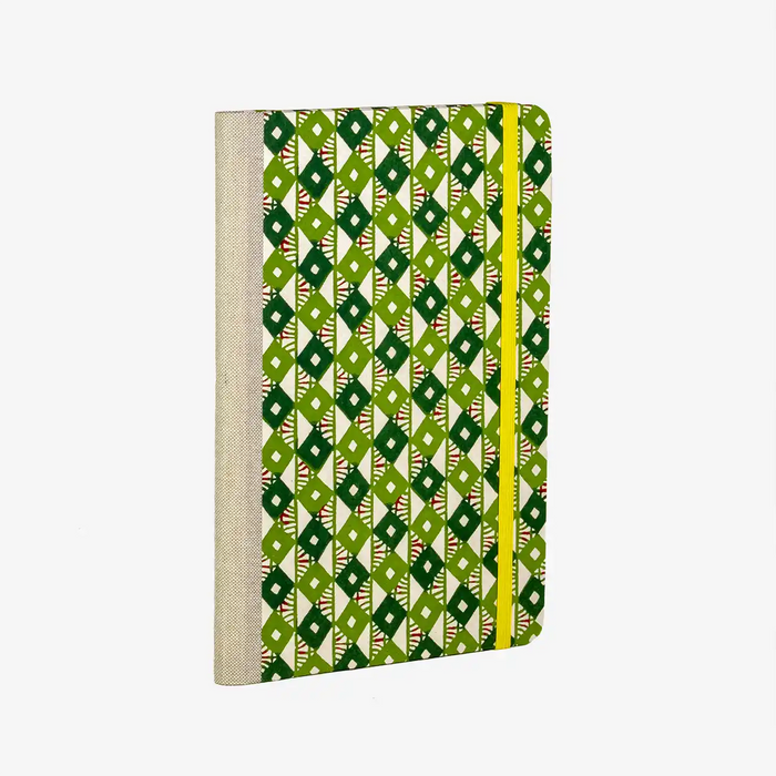 Blaupause-wochenplaner-A5-Bezogen-mit-Katazome-shi-gruenes-rauten-muster-Cover-Produktansicht-seitlich-vorn