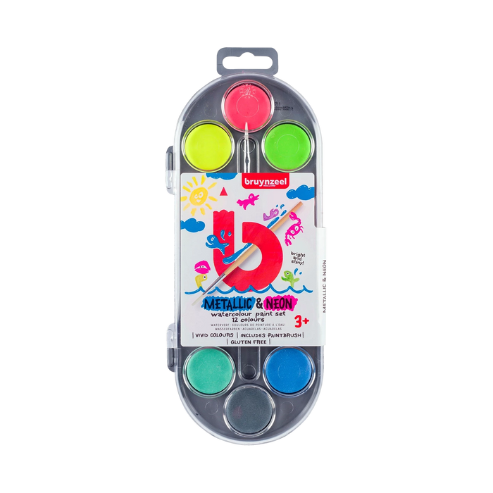 Bruynzeel-Wasserfarben-Malset-Metalic-und-Neon-fuer-Kinder-12-Farben-mit-Pinsel-Wasserfarbenkasten-Produktansicht-vorn-1