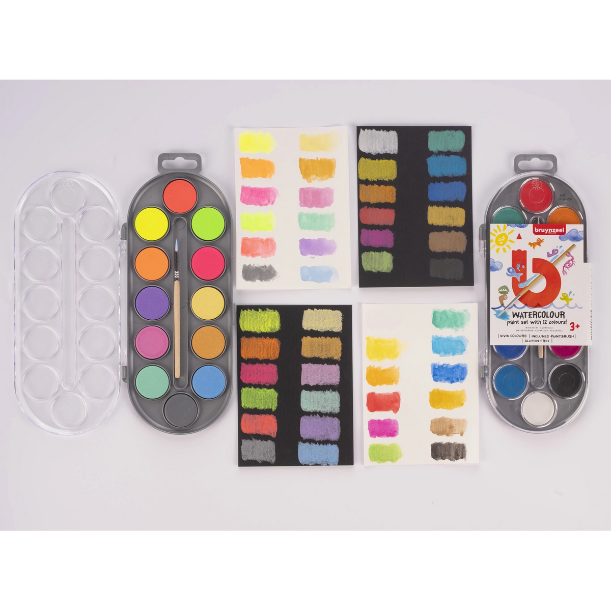 Bruynzeel-Wasserfarben-Malset-fuer-Kinder-12-Farben-mit-Pinsel-Wasserfarbenkasten-Produktansicht-vorn-geoeffnet-Beispielfoto-beide-farbkaesten