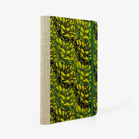 Bulletjournal-notizbuch-A5-224Seiten-cover-mit-Katazome-shi-bezogen-Motiv-blaetter-gruen-cover-seitlich-von-hinten