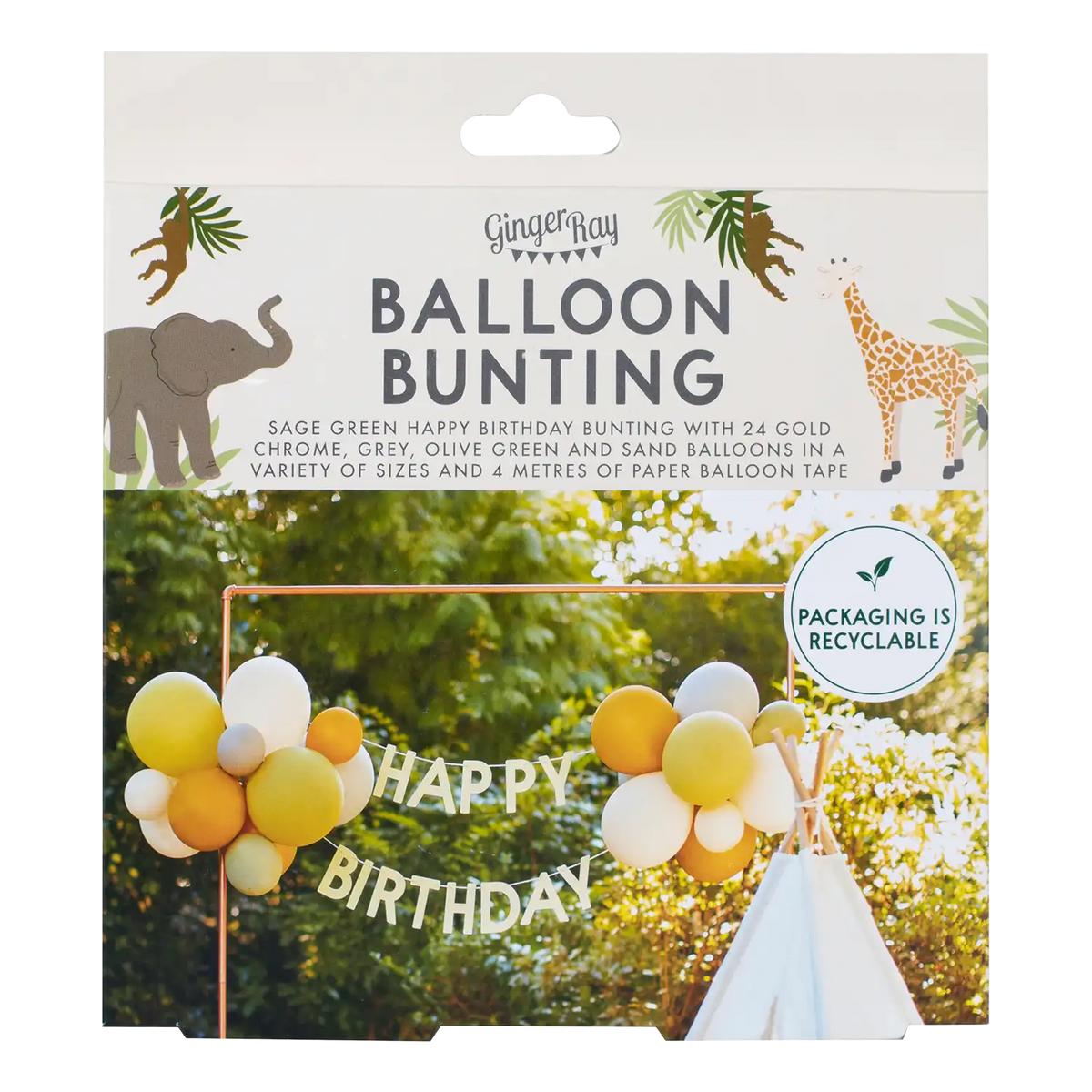 Bunting / Happy Birthday with Balloons / Green, Grey, Sand and Gold Chrome