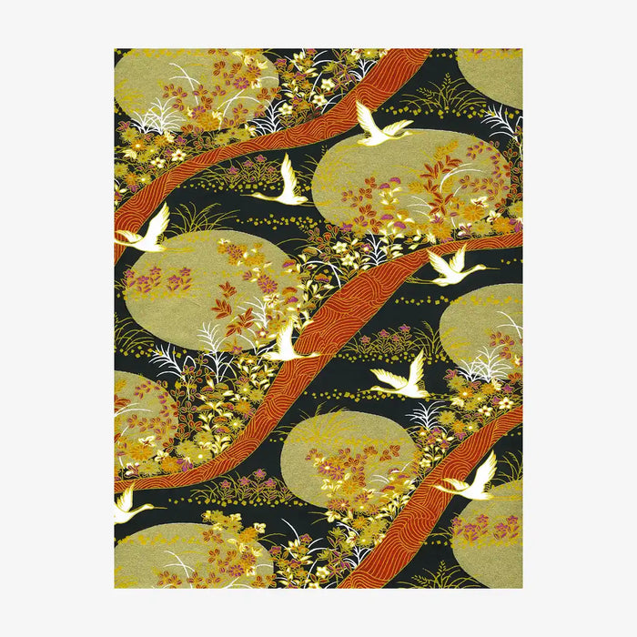 Chiyogami-Papier-754C1-Kraniche-weiss-gold-orange-schwarz-Ausschnitt-2