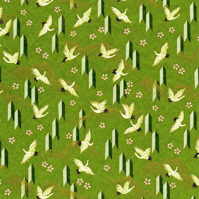 Chiyogami-Papier-Animals-1088C-Kraniche-Spitzen-gruen-Ausschnitt-1