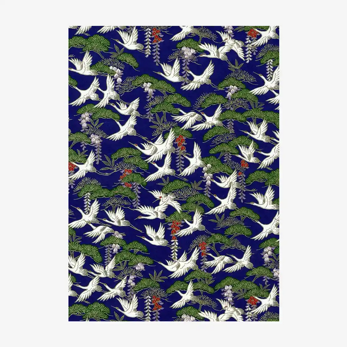 Chiyogami-Papier-Animals-830C-Kraniche-weiss-und-Kiefern-blau-Ausschnitt-2