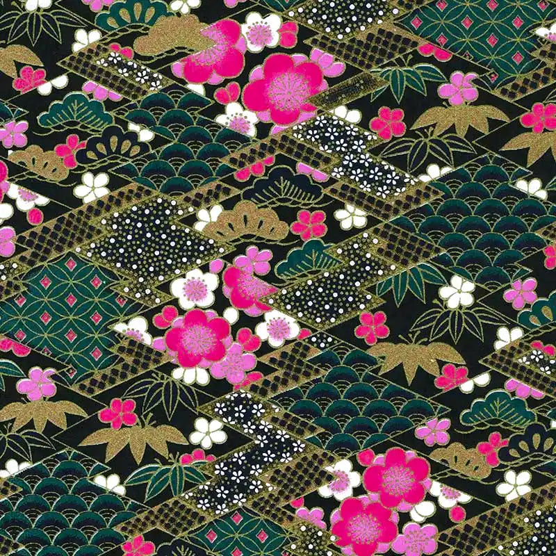 Chiyogami-Papier-geometrisch-924C-Rauten-gruen-gold-pink-Ausschnitt-1
