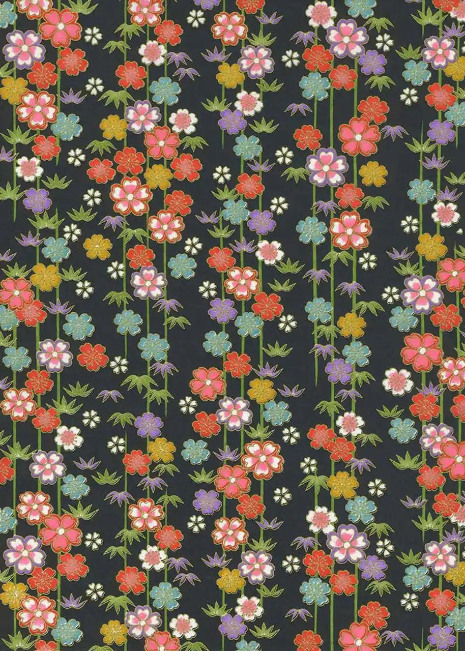 Chiyogami / Floral - Blütenranken bunt auf schwarz no2