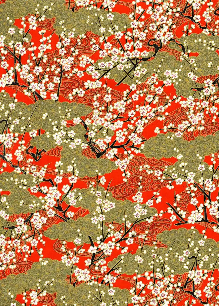 Chiyogami / Traditional, Floral - Sakura auf goldenen Wolken und rotem Wasser