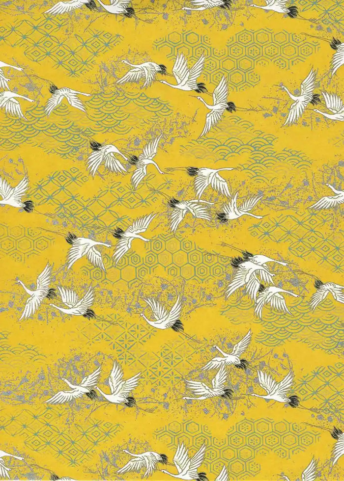 Chiyogami / Animals - Kraniche weiß auf gelb