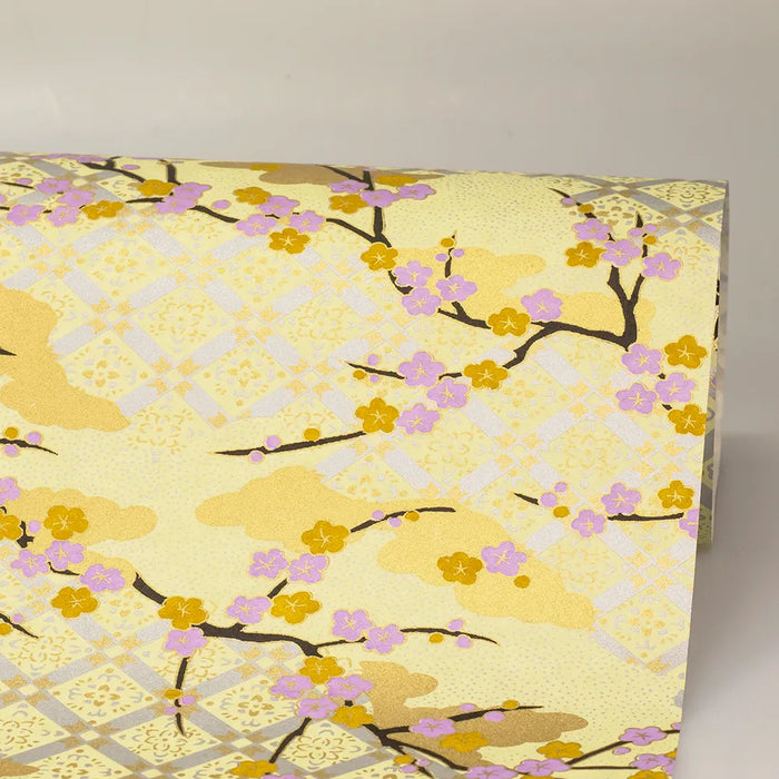 Chiyogami / Floral - Pastelgelb, silber, ivory