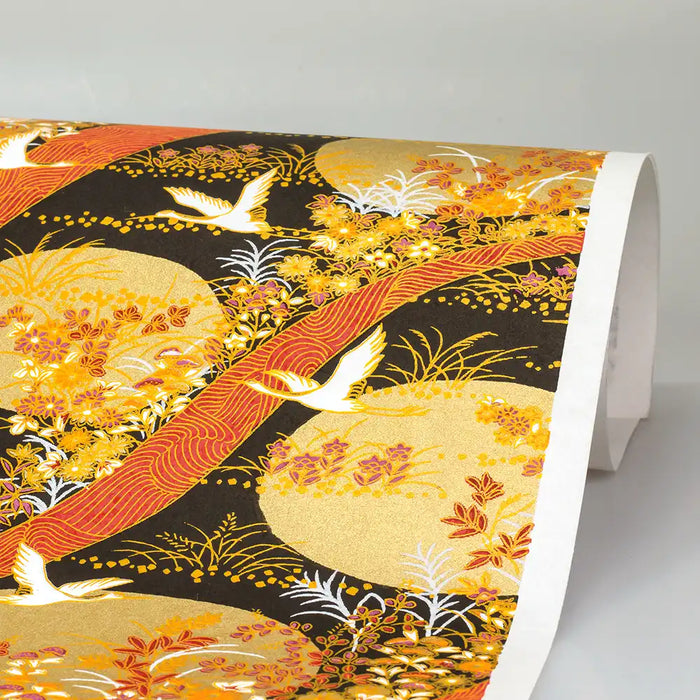 Chiyogami / Animals - Kraniche weiß - gold_orange_schwarz