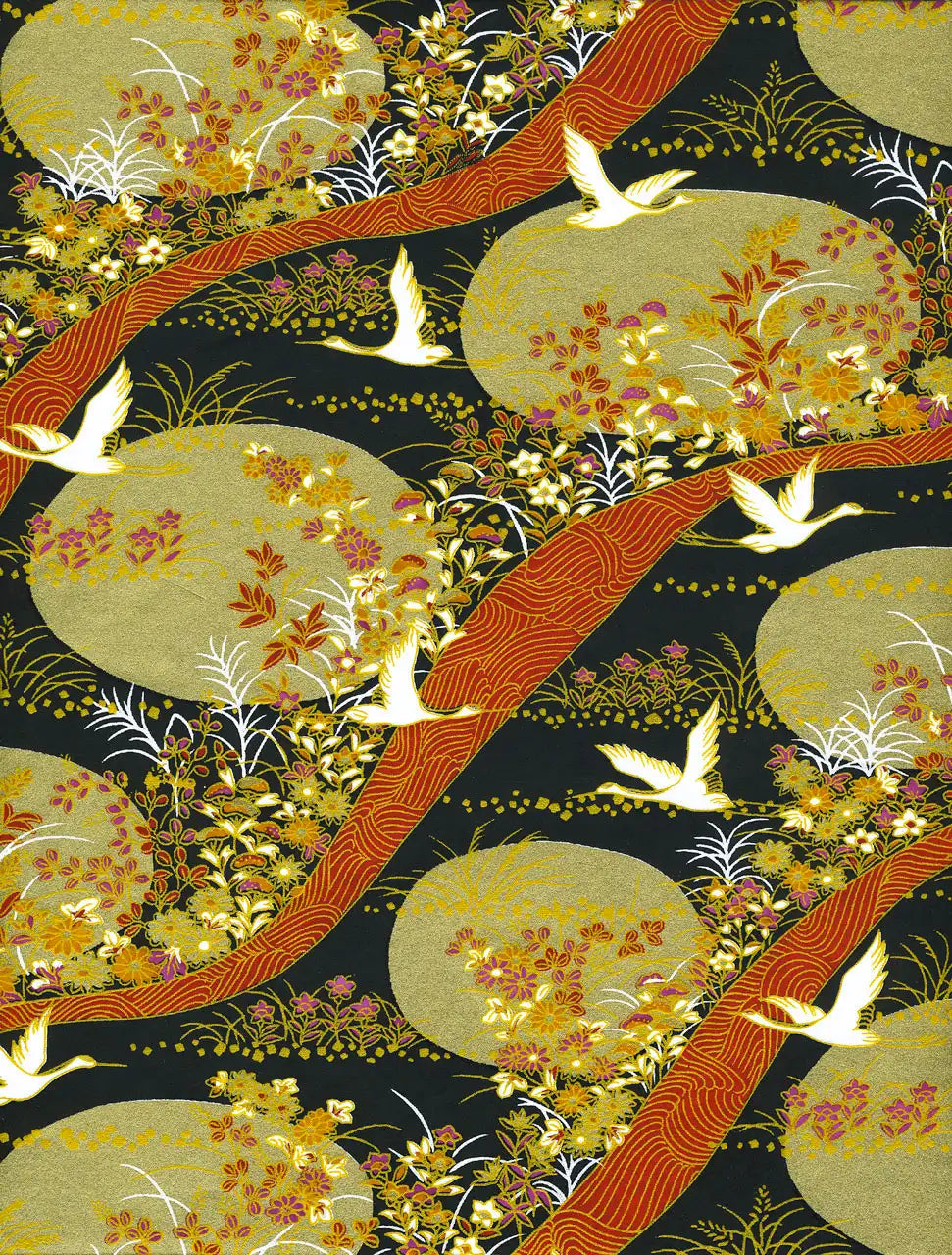 Chiyogami / Animals - Kraniche weiß - gold_orange_schwarz
