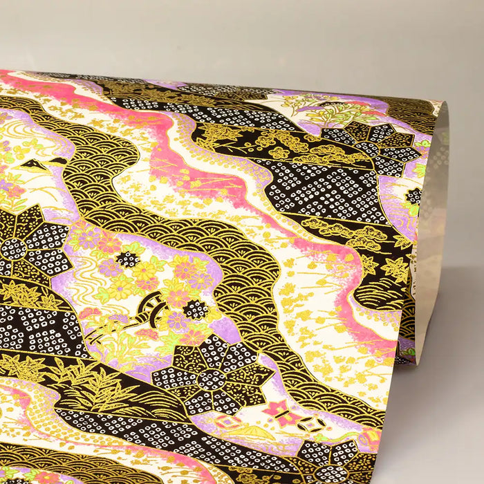 Chiyogami / Botanical, Floral - Wasserlandschaft Schwarz gold purple