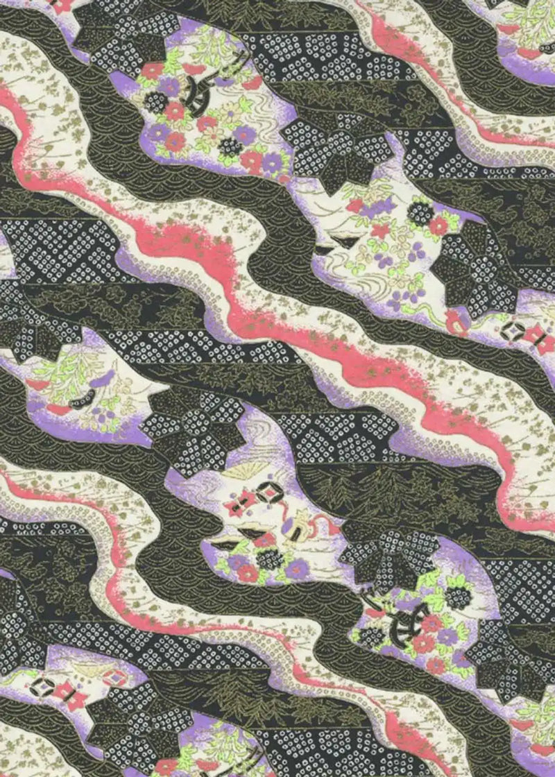 Chiyogami / Botanical, Floral - Wasserlandschaft Schwarz gold purple