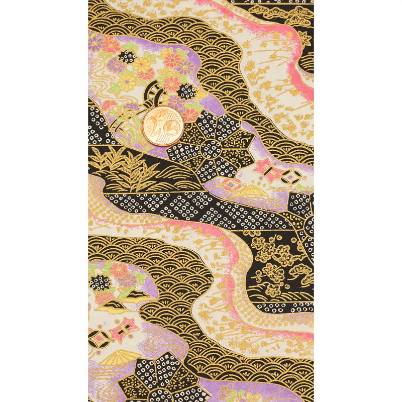 Chiyogami / Botanical, Floral - Wasserlandschaft Schwarz gold purple